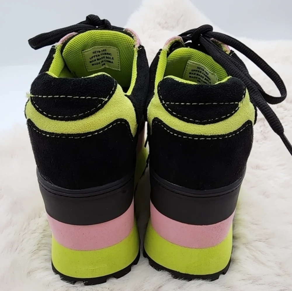 Y2K horoscope 90s HUGE neon chunky platform heel in pink green and black, velvet
